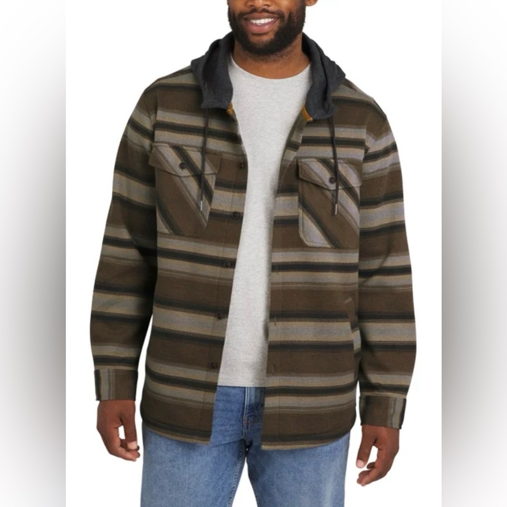 NWT Quicksilver Men's Striped Brown Hooded Shirt Jacket. Very warm! Size M